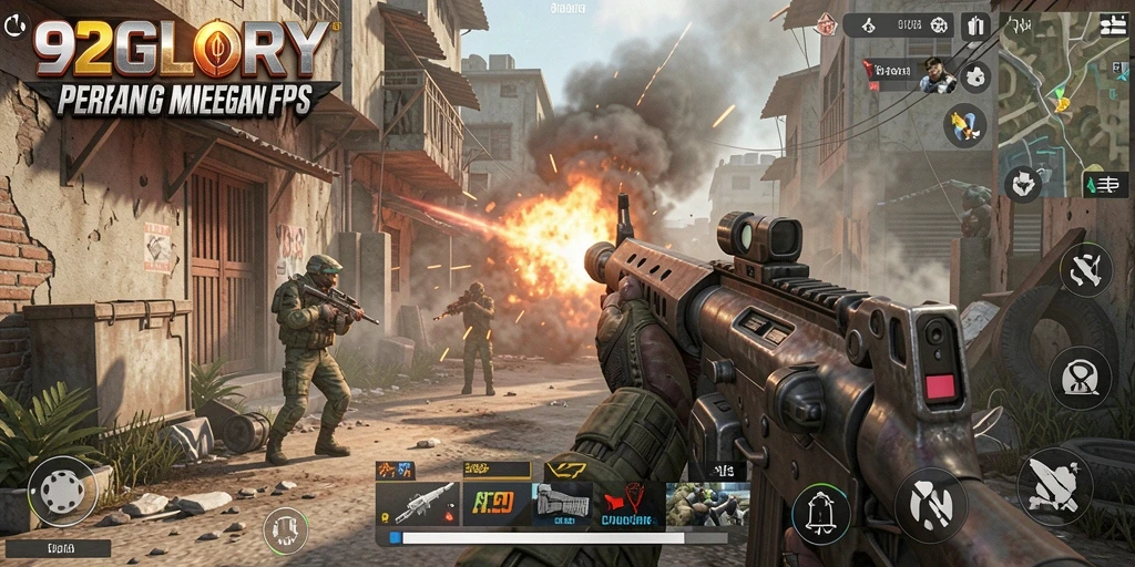 Screenshot gameplay <strong>92GLORY</strong> menampilkan pertempuran menegangkan di peta yang detail.