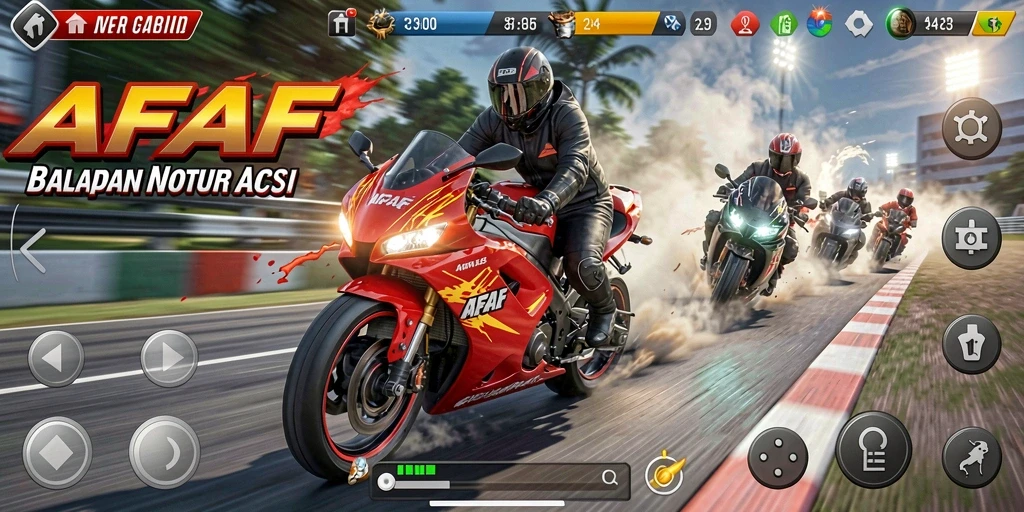 Gameplay seru AFAF dengan balapan motor yang menantang.
