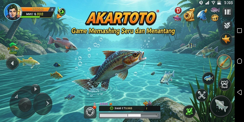 Tampilan gameplay AKARTOTO yang menarik dengan aksi memancing seru.