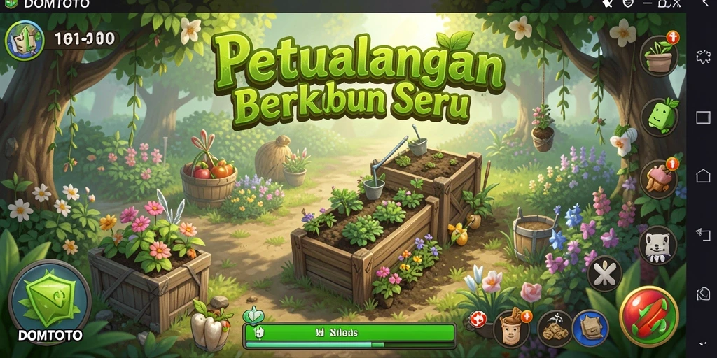 Screenshot gameplay DOMTOTO menampilkan kebun yang subur dan berwarna-warni.