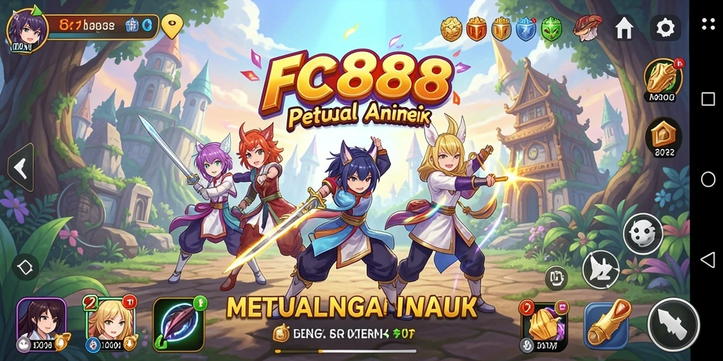Screenshot utama FC888 menampilkan karakter anime dalam pertempuran epik.