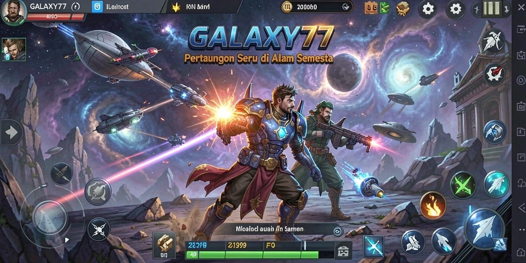 Screenshot gameplay GALAXY77 menampilkan aksi seru di medan perang.