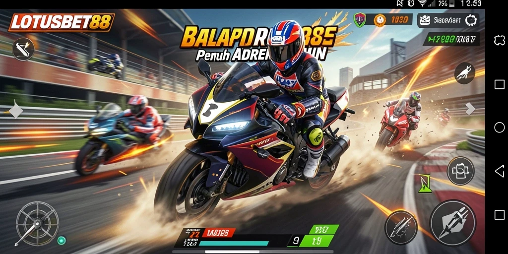 Gameplay LOTUSBET88 menampilkan aksi balap motor yang mendebarkan.