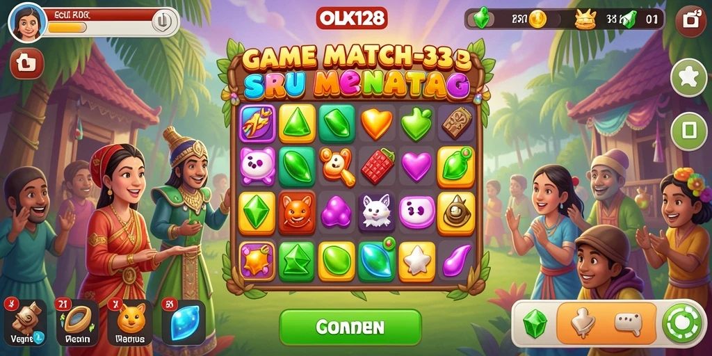 Tampilan gameplay OLX128 dengan batu permata berwarna-warni.