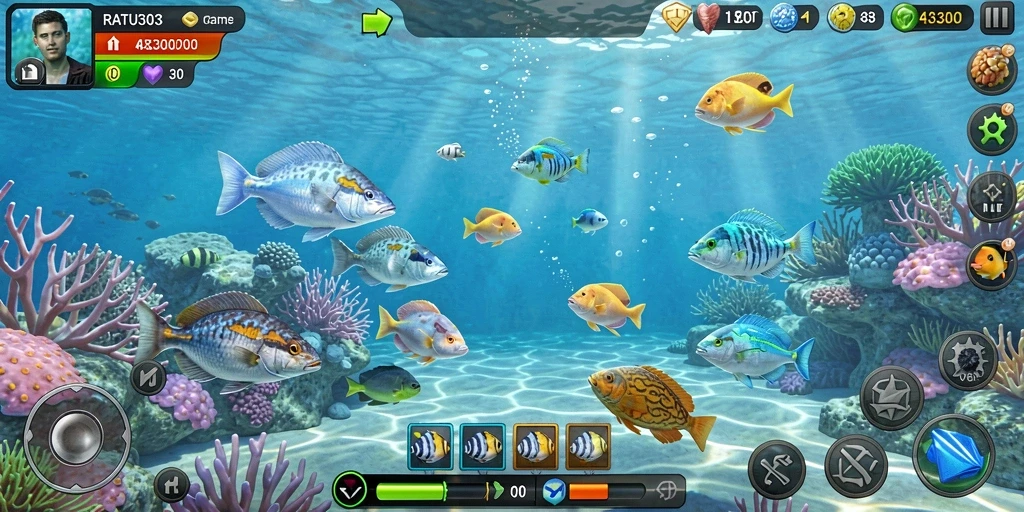 Tampilan gameplay seru dalam RATU303 dengan aksi menembak ikan.